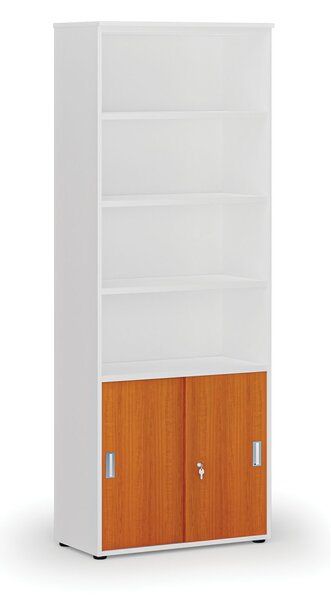 Szafa biurowa kombinowana PRIMO WHITE, drzwi przesuwne na 2 poziomach, 800 x 420 x 2128 mm, biały/wiśnia
