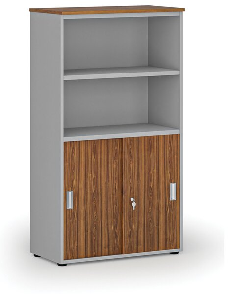 Szafa biurowa kombinowana PRIMO GRAY, drzwi przesuwne na 2 poziomach, 800 x 420 x 1434 mm, szary/orzech