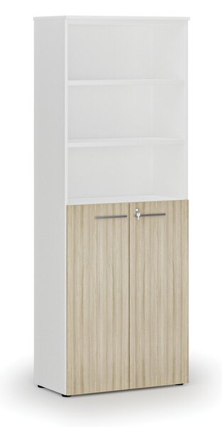 Szafa biurowa kombinowana PRIMA WHITE, drzwi na 3 poziomach, 800 x 420 x 2128 mm, biały/dąb naturalny