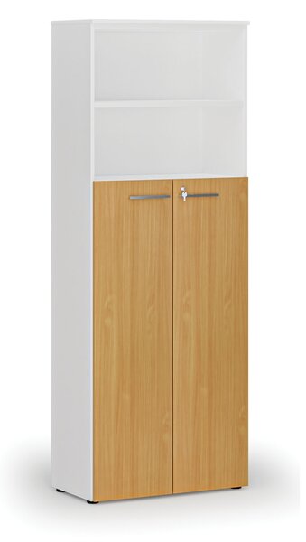 Szafa biurowa kombinowana PRIMA WHITE, drzwi na 4 poziomach, 800 x 420 x 2128 mm, biały/buk