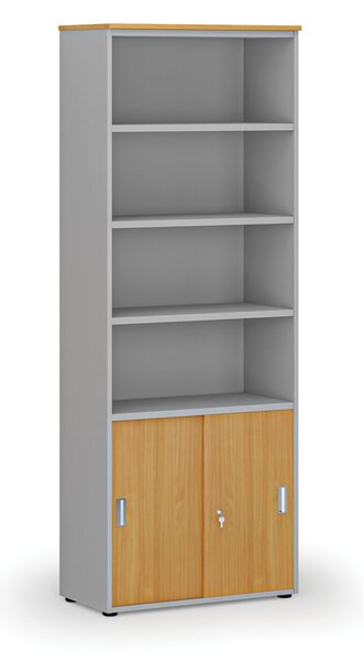 Szafa biurowa kombinowana PRIMA GRAY, drzwi przesuwne na 2 poziomach, 800 x 420 x 2128 mm, szary/buk