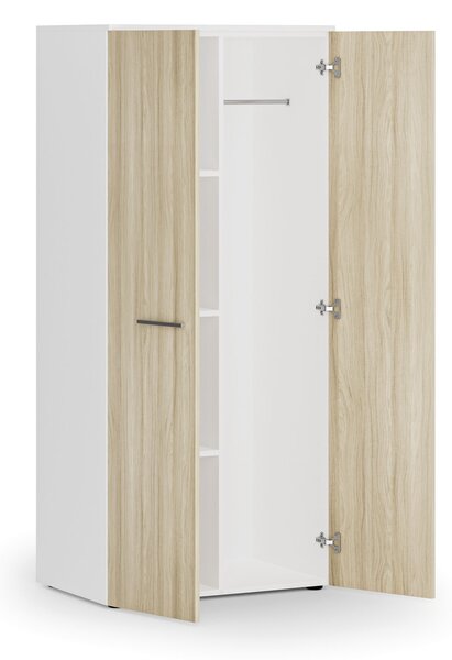 Szafa ubraniowa biurowa PRIMO WHITE, 3 półki, drążek do szafy, 800 x 500 x 1781 mm, biały/dąb naturalny