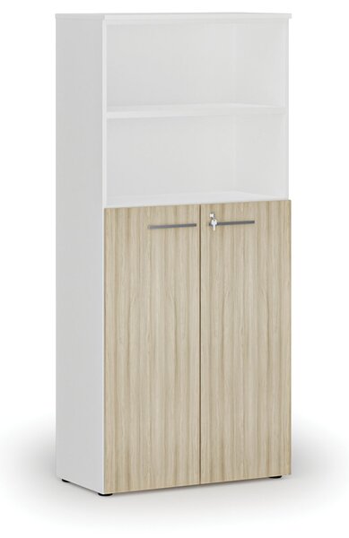 Szafa biurowa kombinowana PRIMO WHITE, drzwi na 3 poziomach, 800 x 420 x 1781 mm, biały/dąb naturalny