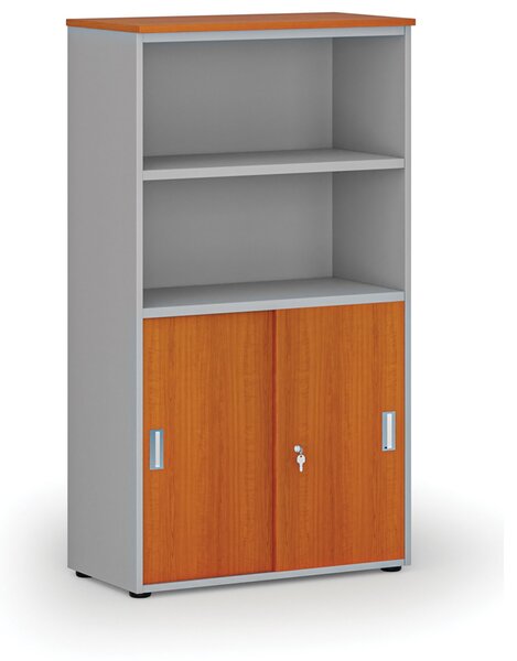 Szafa biurowa kombinowana PRIMO GRAY, drzwi przesuwne na 2 poziomach, 800 x 420 x 1434 mm, szary/wiśnia