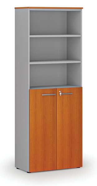 Szafa biurowa kombinowana PRIMA GRAY, drzwi na 3 poziomach, 800 x 420 x 2128 mm, szary/wiśnia