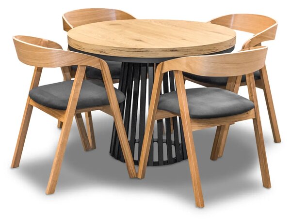 Stół Lam Loft Fi 100 + 2 x 50 cm + 4 krzesła dębowe X1