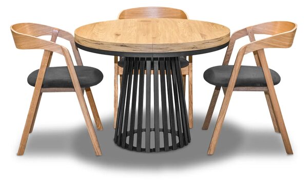 Stół Lam Loft Fi 100 + 2 x 50 cm + 4 krzesła dębowe X1