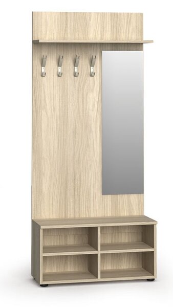 Garderoba z szafką na buty i lustrem PRIMO WOOD, 4 haczyki, półka, tekstura drewna pionowa, dąb naturalny