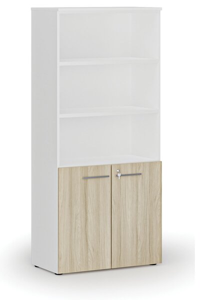 Szafa biurowa kombinowana PRIMO WHITE, drzwi na 2 poziomach, 800 x 420 x 1781 mm, biały/dąb naturalny