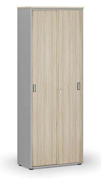 Szafa biurowa z drzwiami przesuwnymi, 800 x 420 x 2128 mm, szary/dąb naturalny