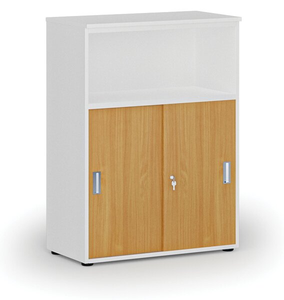Szafa biurowa kombinowana z drzwiami przesuwnymi PRIMO WHITE, 800 x 420 x 1087 mm, biały/buk