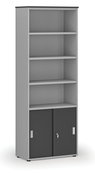 Szafa biurowa kombinowana PRIMO GRAY, drzwi przesuwne na 2 poziomach, 800 x 420 x 2128 mm, szary/grafit