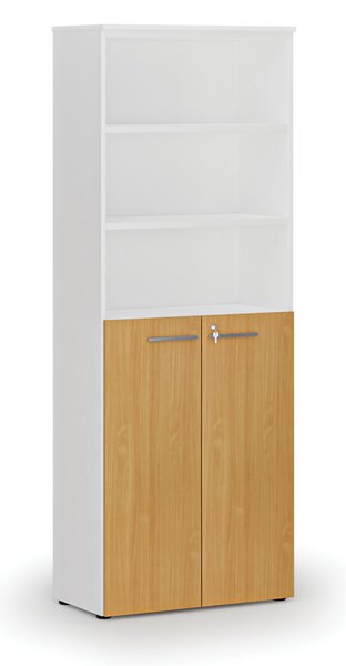 Szafa biurowa kombinowana PRIMA WHITE, drzwi na 3 poziomach, 800 x 420 x 2128 mm, biały/buk