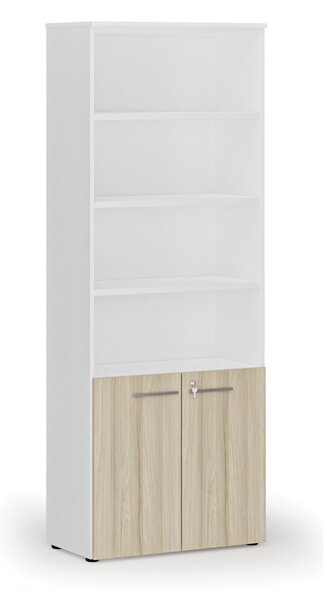 Szafa biurowa kombinowana PRIMA WHITE, drzwi na 2 poziomach, 800 x 420 x 2128 mm, biały/dąb naturalny