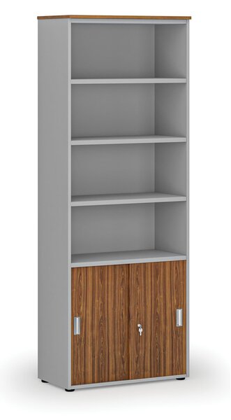 Szafa biurowa kombinowana PRIMA GRAY, drzwi przesuwne na 2 poziomach, 800 x 420 x 2128 mm, szary/orzech