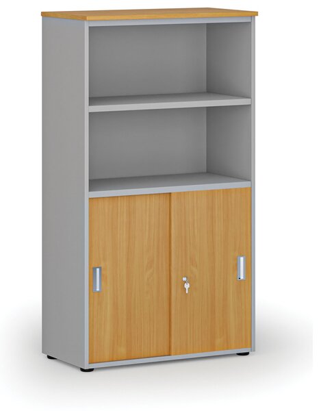 Szafa biurowa kombinowana PRIMO GRAY, drzwi przesuwne na 2 poziomach, 800 x 420 x 1434 mm, szary/buk