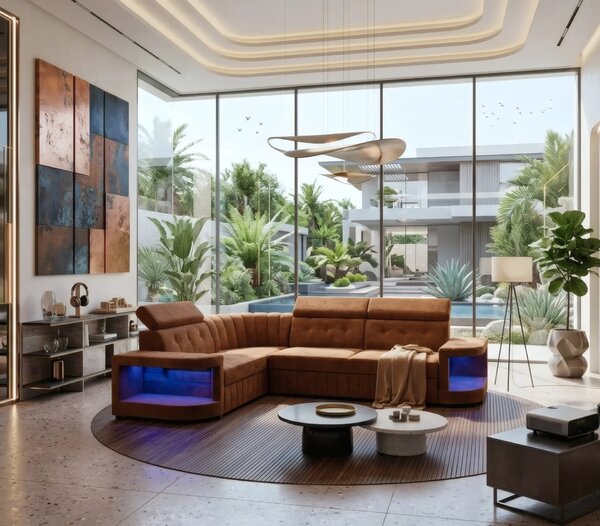 Narożnik Ronaldo II bez spania 290×210 cm, Relax LED, Regulowane zagłówki