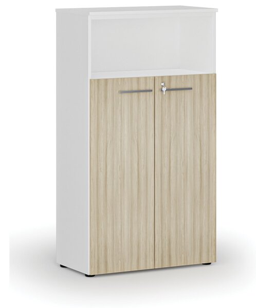 Szafa biurowa kombinowana PRIMO WHITE, drzwi na 3 poziomach, 800 x 420 x 1434 mm, biały/dąb naturalny