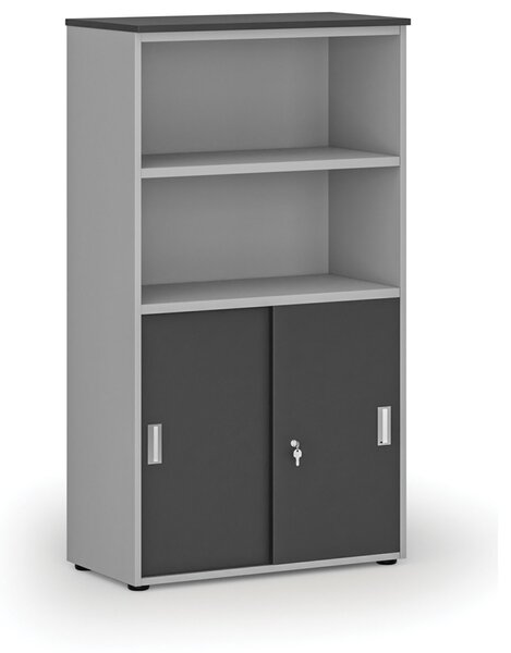 Szafa biurowa kombinowana PRIMO GRAY, drzwi przesuwne na 2 poziomach, 800 x 420 x 1434 mm, szary/grafit