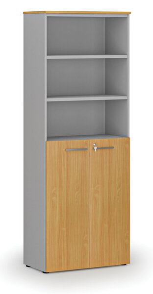 Szafa biurowa kombinowana PRIMA GRAY, drzwi na 3 poziomach, 800 x 420 x 2128 mm, szary/buk