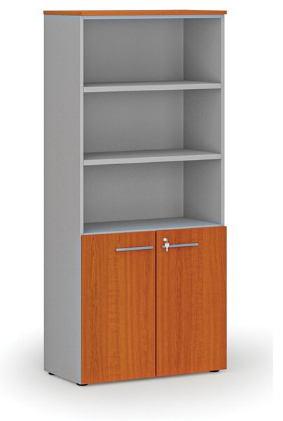 Szafa biurowa kombinowana PRIMA GRAY, drzwi na 2 poziomach, 800 x 420 x 1781 mm, szary/wiśnia