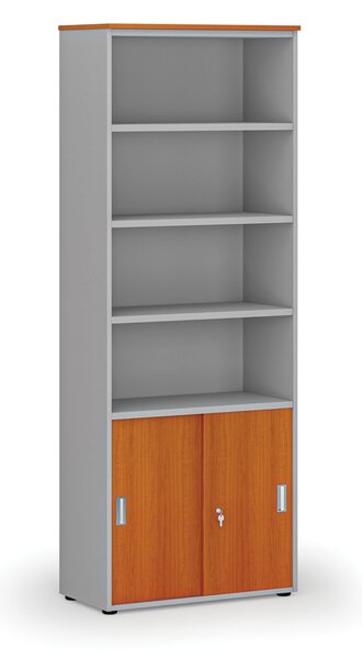 Szafa biurowa kombinowana PRIMO GRAY, drzwi przesuwne na 2 poziomach, 800 x 420 x 2128 mm, szary/wiśnia