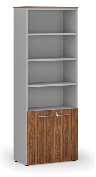 Szafa biurowa kombinowana PRIMA GRAY, drzwi na 2 poziomach, 800 x 420 x 2128 mm, szary/orzech
