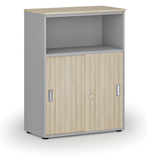 Szafa biurowa kombinowana z drzwiami przesuwnymi PRIMO GRAY, 800 x 420 x 1087 mm, szary/dąb naturalny