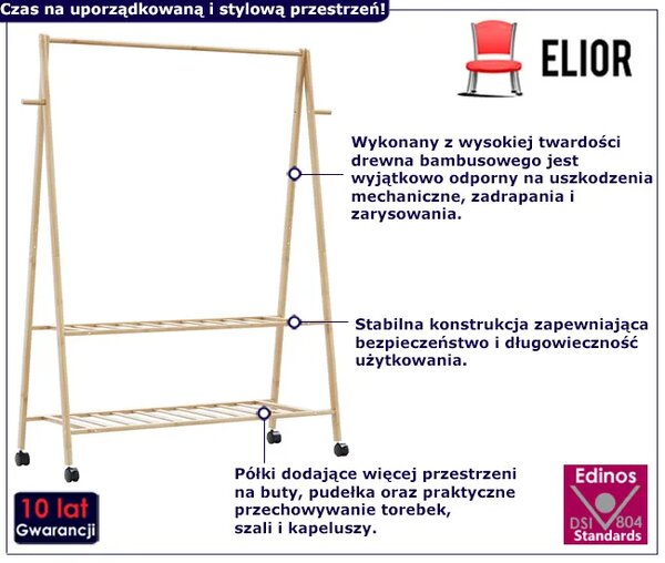 Wieszak na ubrania stojący z półkami i kółkami 132cm M0-D54