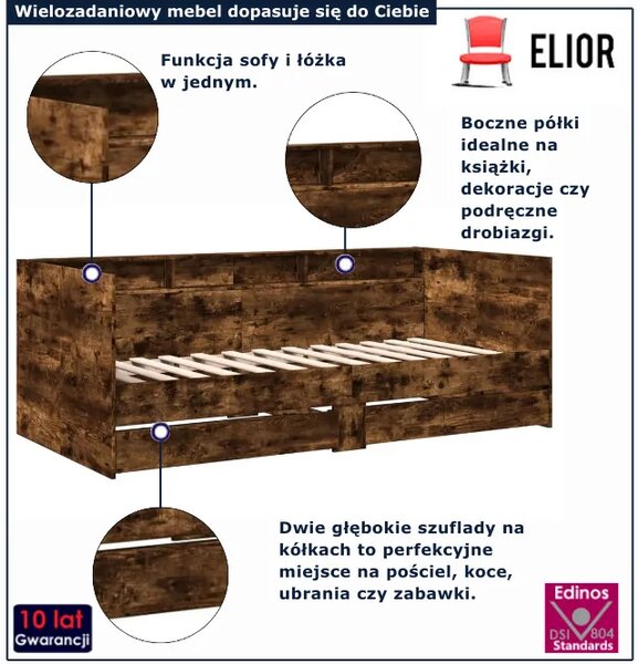 Łóżko z regałem i szufladami 90x200 cm wędzony dąb D1-Z33