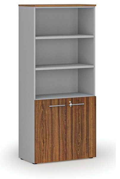 Szafa biurowa kombinowana PRIMO GRAY, drzwi na 2 poziomach, 800 x 420 x 1781 mm, szary/orzech