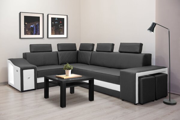 Narożnik FESTINE II 220/280 cm, funkcja spania, Relax, LED, pufy w TKANINIE / EKOSK?RZE