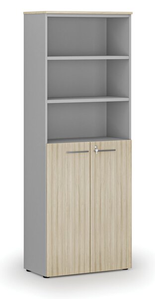 Szafa biurowa kombinowana PRIMO GRAY, drzwi na 3 poziomach, 800 x 420 x 2128 mm, szary/dąb naturalny