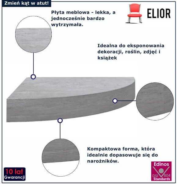 Ścienna narożna półka szarość betonu W8-W91