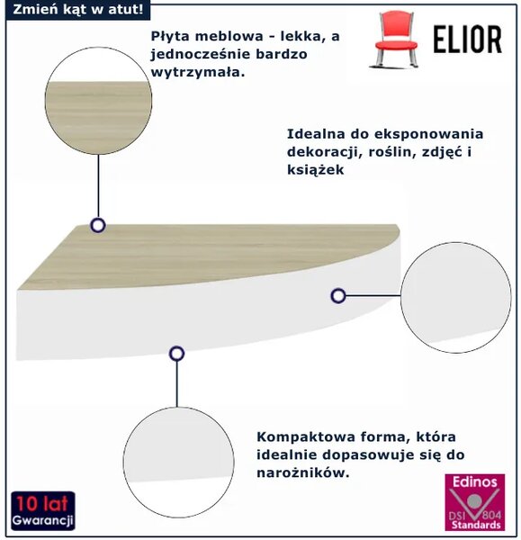 Narożna półka ścienna dąb + biel H4-K80