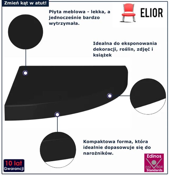 Czarna narożna półka ścienna F6-R65