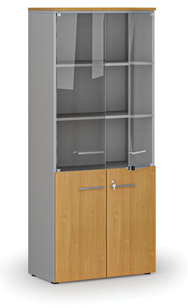 Szafa biurowa kombinowana PRIMO GRAY z drzwiami drewnianymi i szklanymi, 800 x 420 x 1781 mm, szary/buk