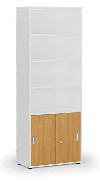 Szafa biurowa kombinowana PRIMO WHITE, drzwi przesuwne na 2 poziomach, 800 x 420 x 2128 mm, biały/buk