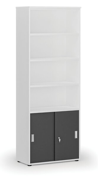 Szafa biurowa kombinowana PRIMA WHITE, drzwi przesuwne na 2 poziomach, 800 x 420 x 2128 mm, biały/grafit