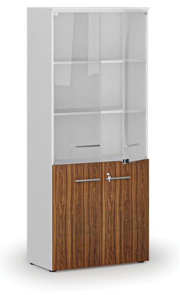 Szafa biurowa kombinowana PRIMO WHITE z drzwiami drewnianymi i szklanymi, 800 x 420 x 1781 mm, biały/orzech