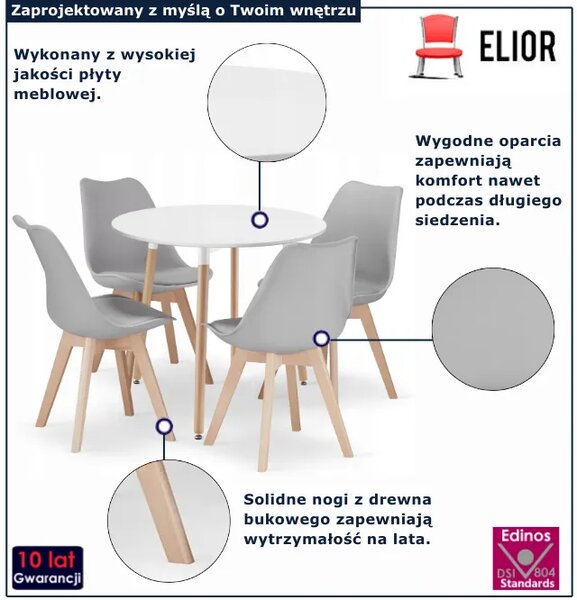 Biały stół + 4 sztuki szarych krzeseł M7-L36