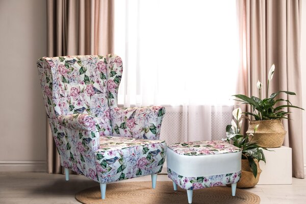 Elegancki Fotel Uszak L bez przeszyć + podnóżek w kwiaty tkanina Premium