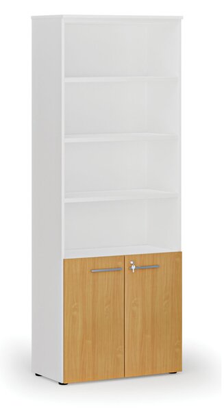 Szafa biurowa kombinowana PRIMA WHITE, drzwi na 2 poziomach, 800 x 420 x 2128 mm, biały/buk