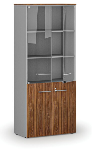 Szafa biurowa kombinowana PRIMO GRAY z drzwiami drewnianymi i szklanymi, 800 x 420 x 1781 mm, szary/orzech