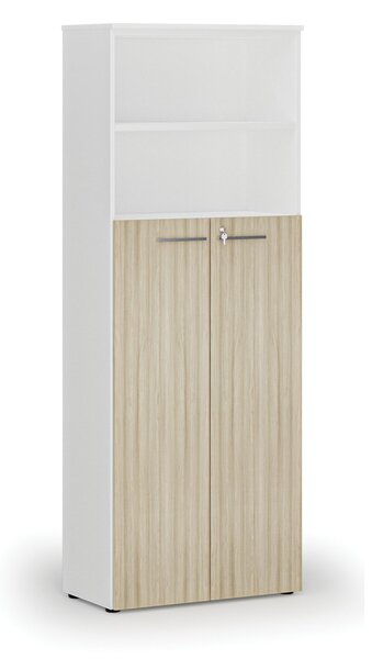 Szafa biurowa kombinowana PRIMA WHITE, drzwi na 4 poziomach, 800 x 420 x 2128 mm, biały/dąb naturalny