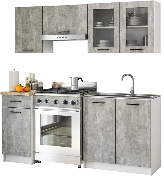 Mały komplet mebli kuchennych beton z witryną 180 cm M6-W78