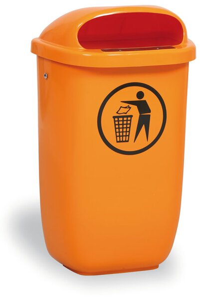 Zewnętrzny miejski kosz na śmieci na słupek, uliczny, 50 l, 425 x 320 x 780 mm, pomarańczowy