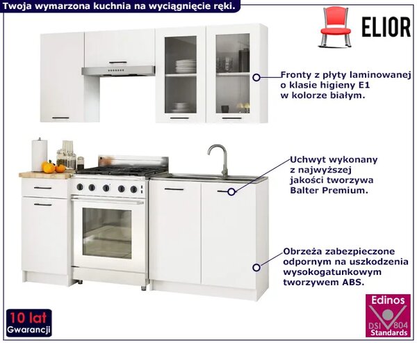Komplet białych mebli kuchennych z witryną 180 cm D2-P80