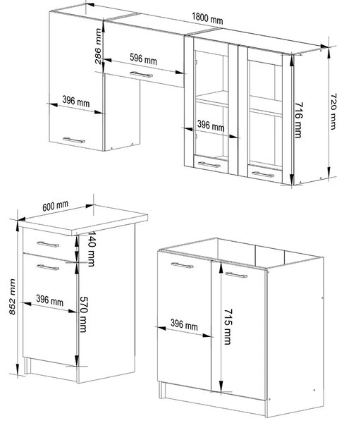 Komplet mebli kuchennych beton z witryną 180 cm L8-M09