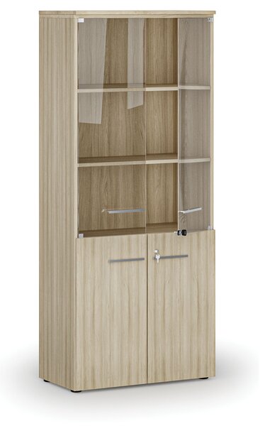 Szafa biurowa kombinowana PRIMO WOOD z drzwiami drewnianymi i szklanymi, 800 x 420 x 1781 mm, dąb naturalny
